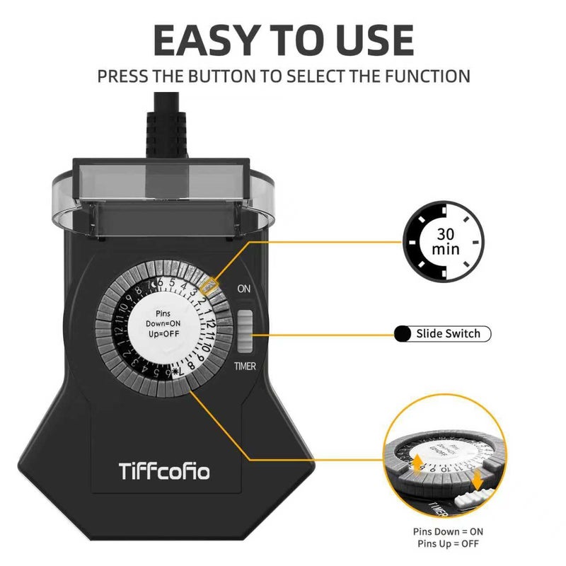 Tiffcofio Outdoor Timer Outlet Waterproof, 24 Hour Mechanical Light Timer Outdoor, 2 Grounded Outlets for Home and Garden, 15A 1/2HP, Heavy Duty, ETL Listed (2 Packs) - Image 3